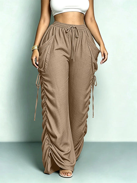 Solid Drawstring Ruched Harem Pants