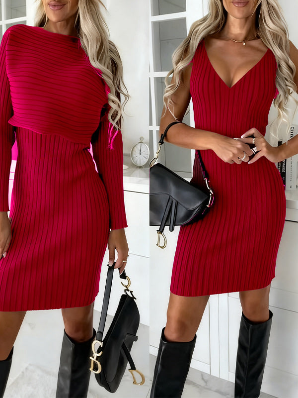 Solid Ribbed Top & Cami Dress Set