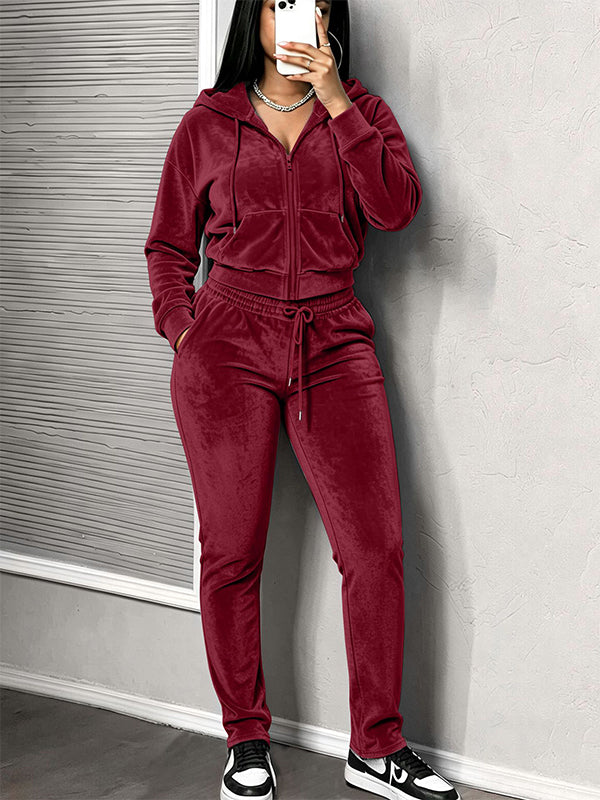 Solid Hooded Top & Drawstring Pants Set