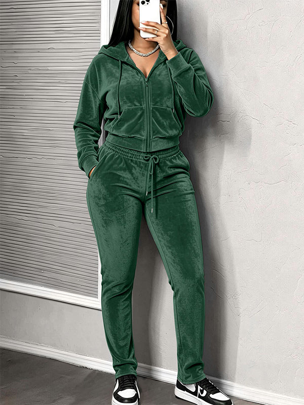 Solid Hooded Top & Drawstring Pants Set