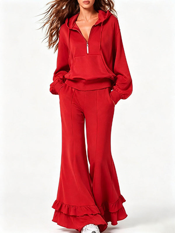 Solid Hoodie Sweatshirt & Flare Pants Set