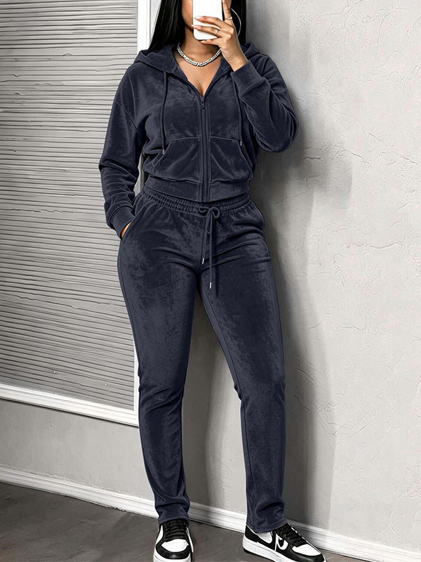 Solid Hooded Top & Drawstring Pants Set