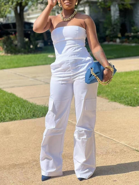 Solid Strapless Cargo Jumpsuit